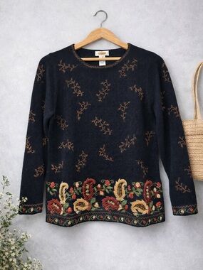 Talbots Women’s Embroidered Floral Paisley Sweater Navy Boho Knit Cottagecore M